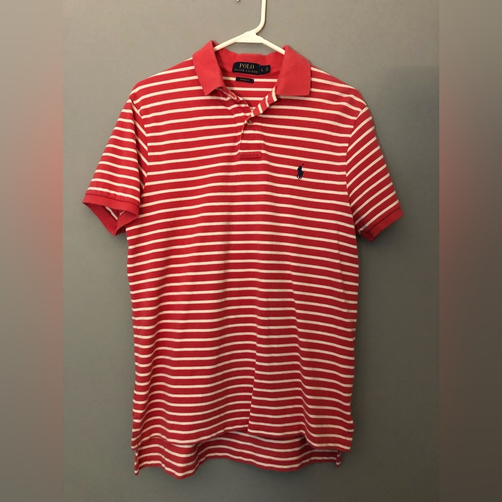 Polo Ralph Lauren Mens Large Collared Shirt Salmon Coral Orange White Stripes